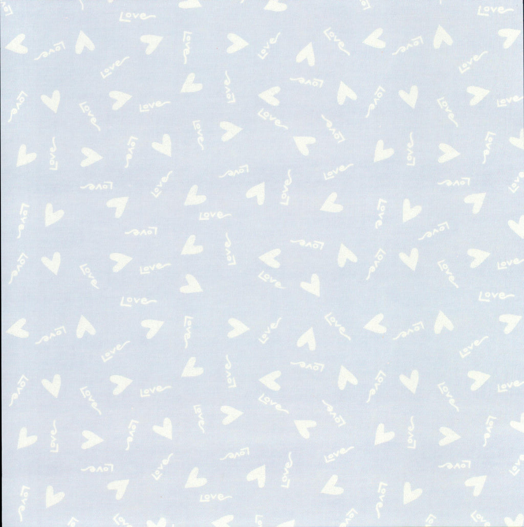 Sweetwater Hearts and Love 12x12 scrapbook paper - tiny white hearts and love text scattered on soft powder blue periwinkle background