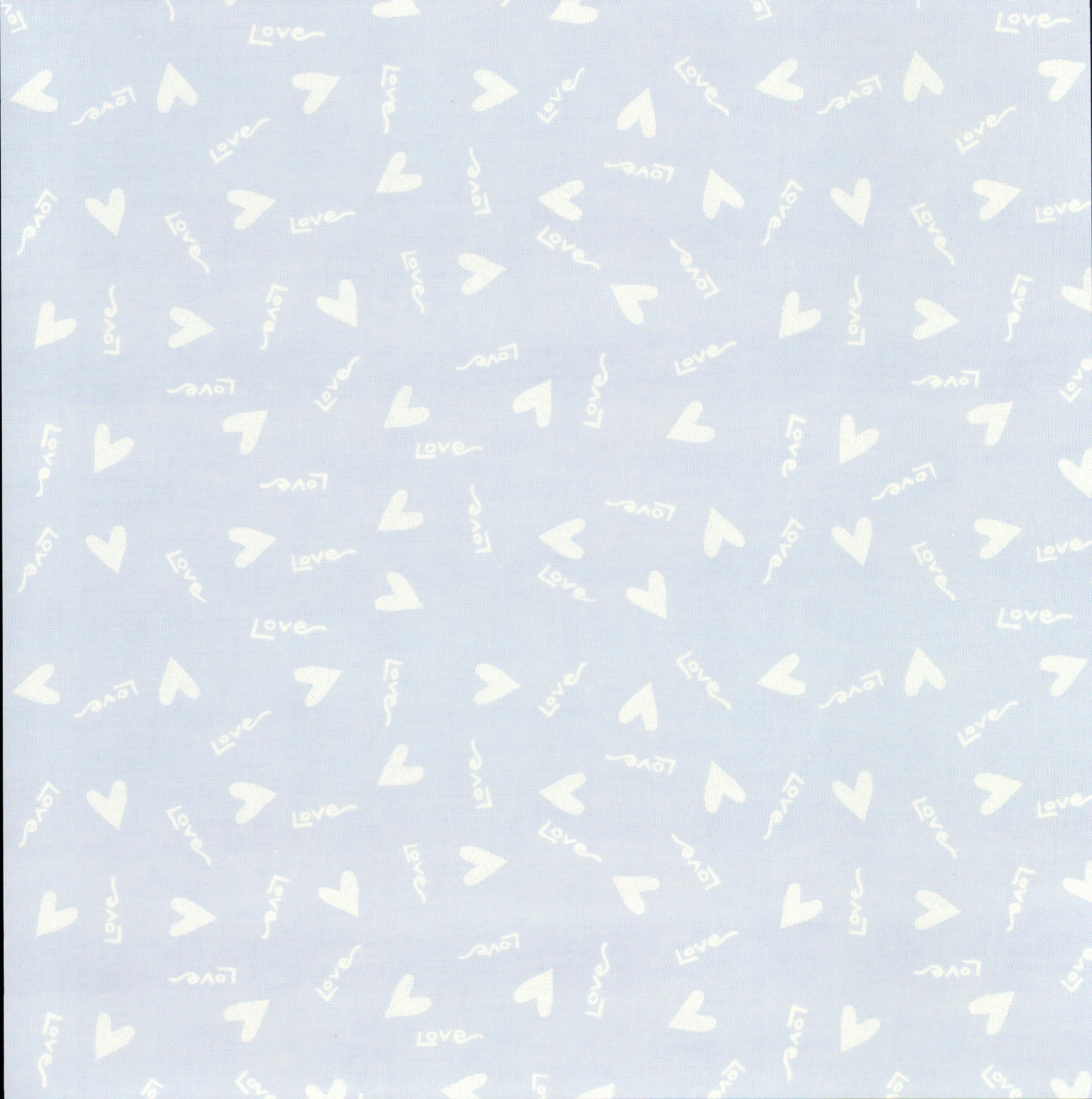 Sweetwater Hearts and Love 12x12 scrapbook paper - tiny white hearts and love text scattered on soft powder blue periwinkle background