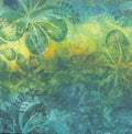 PaperWERX King Kamehameha 12x12 scrapbook paper - painterly monoprint batik style golden yellow to teal-green to teal-blue gradient with large tropical plumeria flowers and lush green leaves