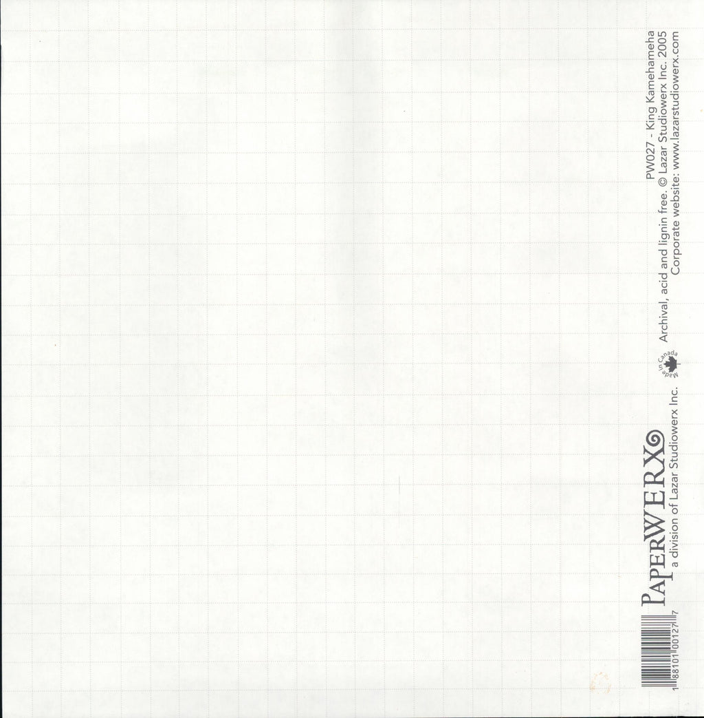PaperWERX King Kamehameha 12x12 scrapbook paper - reverse side soft white grid graph paper texture, item PW027, Lazar Studiowerx Inc 2005 Made in Canada archival acid lignin free