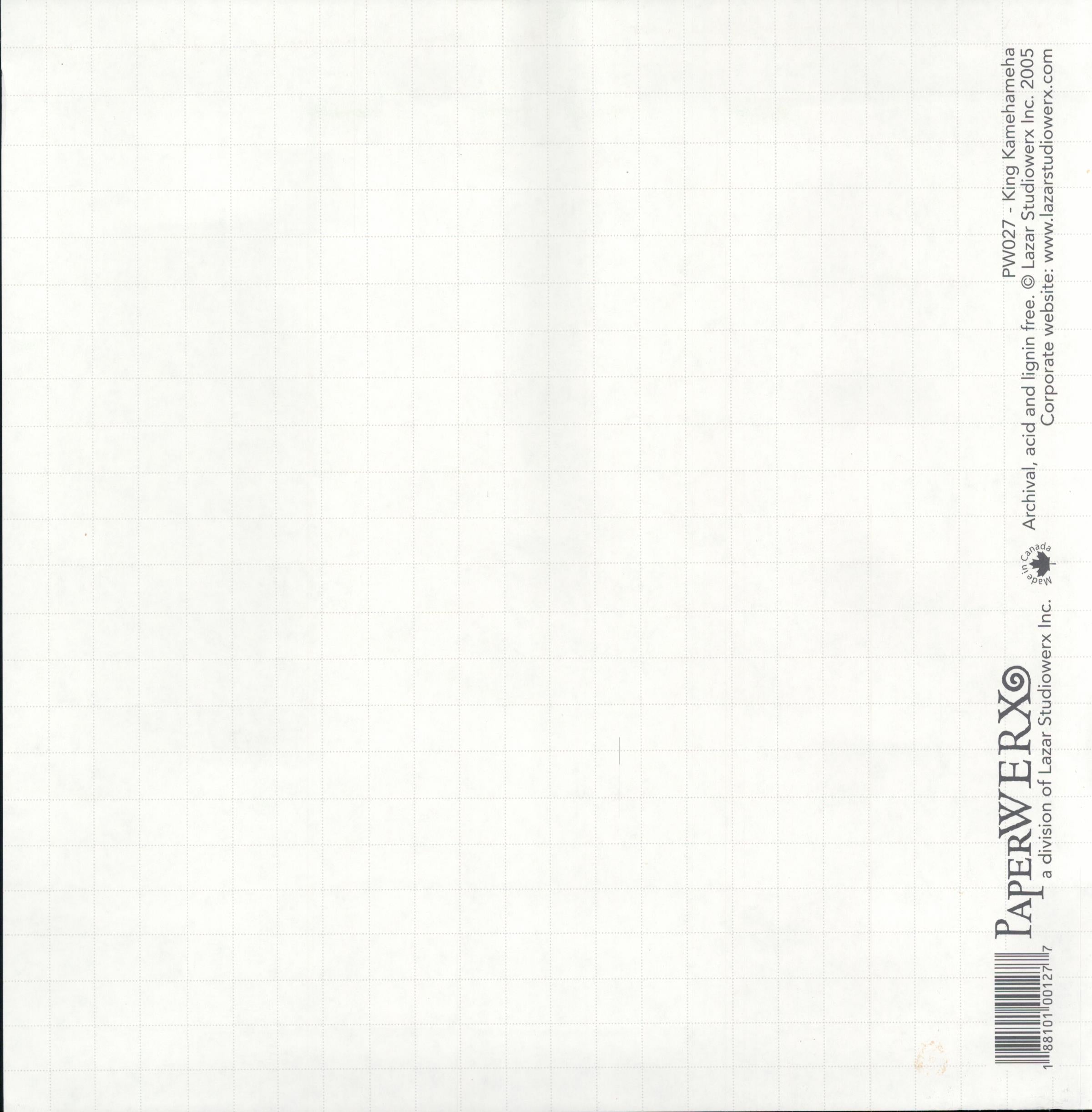 PaperWERX King Kamehameha 12x12 scrapbook paper - reverse side soft white grid graph paper texture, item PW027, Lazar Studiowerx Inc 2005 Made in Canada archival acid lignin free