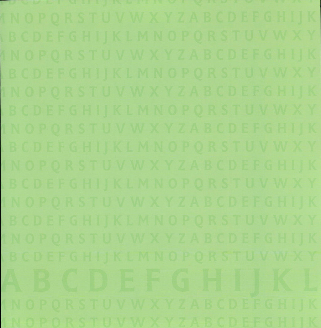 Design Originals Lime A-Z 12x12 scrapbook paper - tone-on-tone lime chartreuse green repeating alphabet letters A-Z with bold accent row along bottom edge