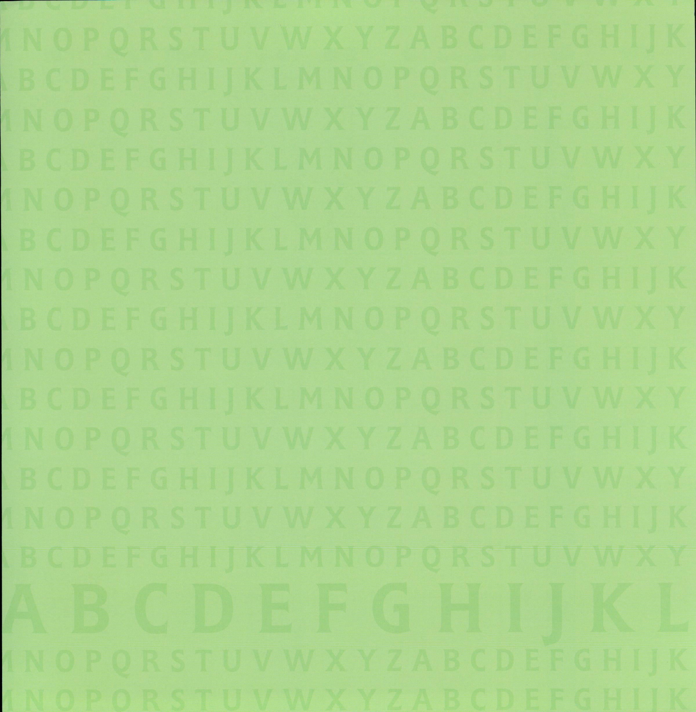 Design Originals Lime A-Z 12x12 scrapbook paper - tone-on-tone lime chartreuse green repeating alphabet letters A-Z with bold accent row along bottom edge