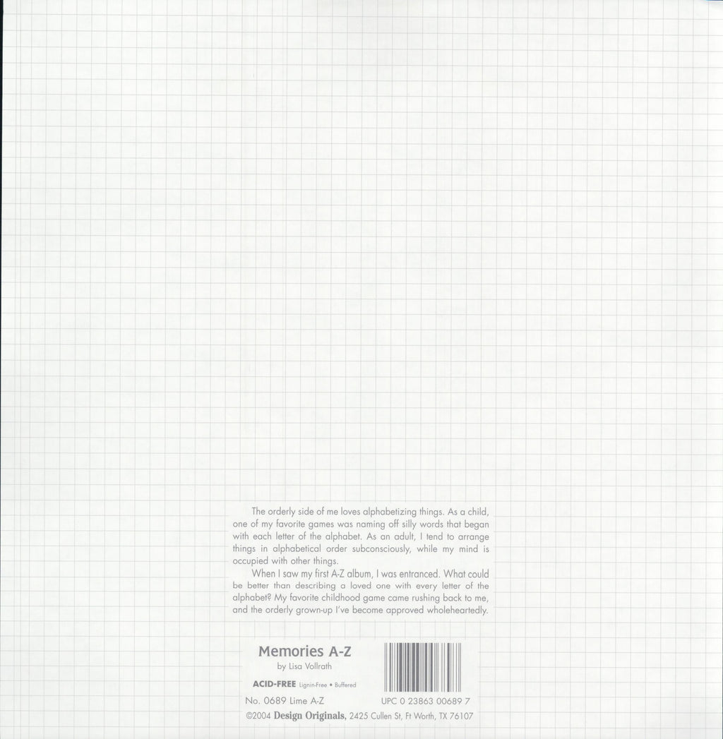 Design Originals Lime A-Z 12x12 scrapbook paper - reverse side soft white graph grid paper texture with Lisa Vollrath essay, item 0689, Memories A-Z Design Originals Ft Worth TX