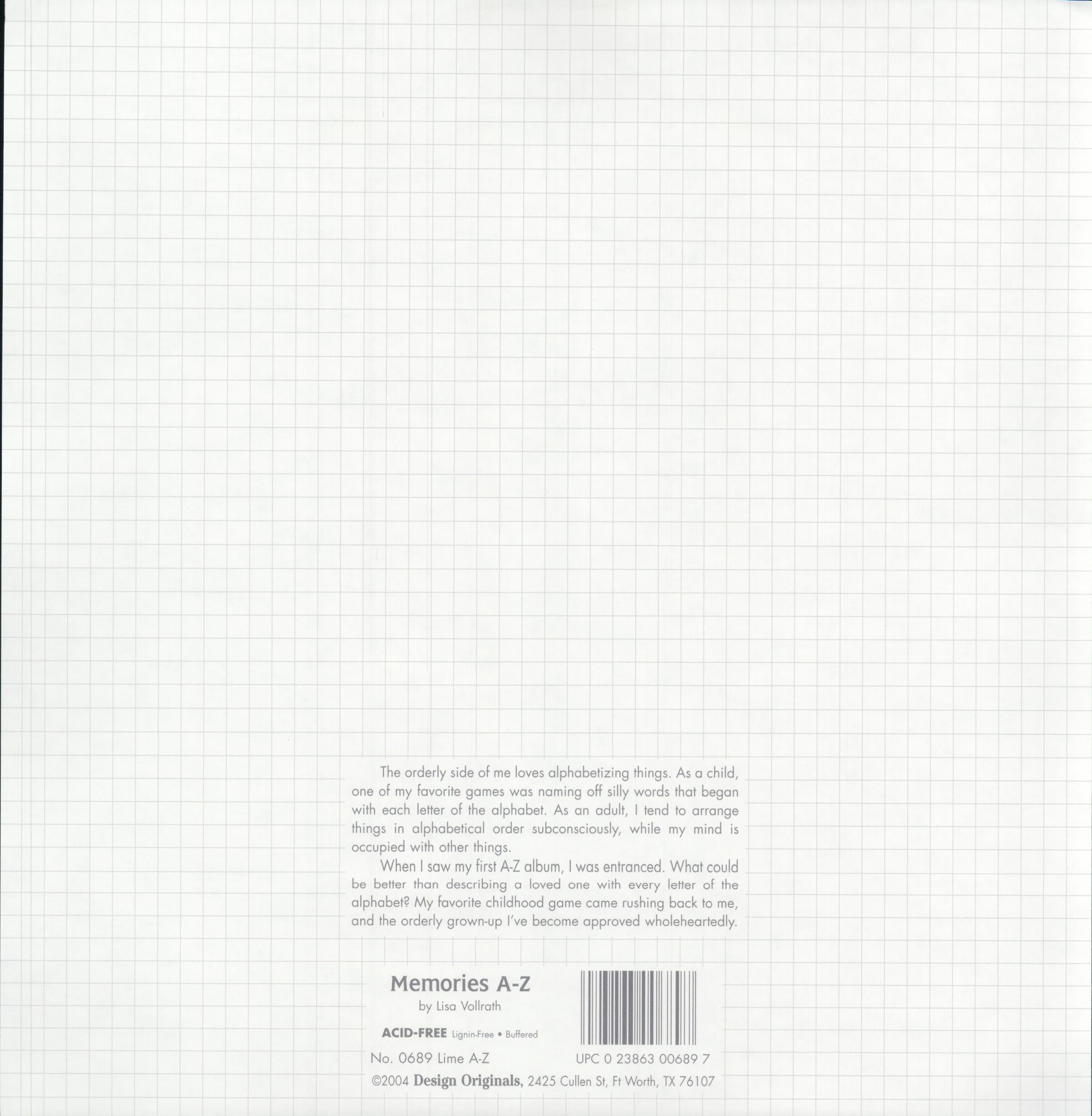 Design Originals Lime A-Z 12x12 scrapbook paper - reverse side soft white graph grid paper texture with Lisa Vollrath essay, item 0689, Memories A-Z Design Originals Ft Worth TX