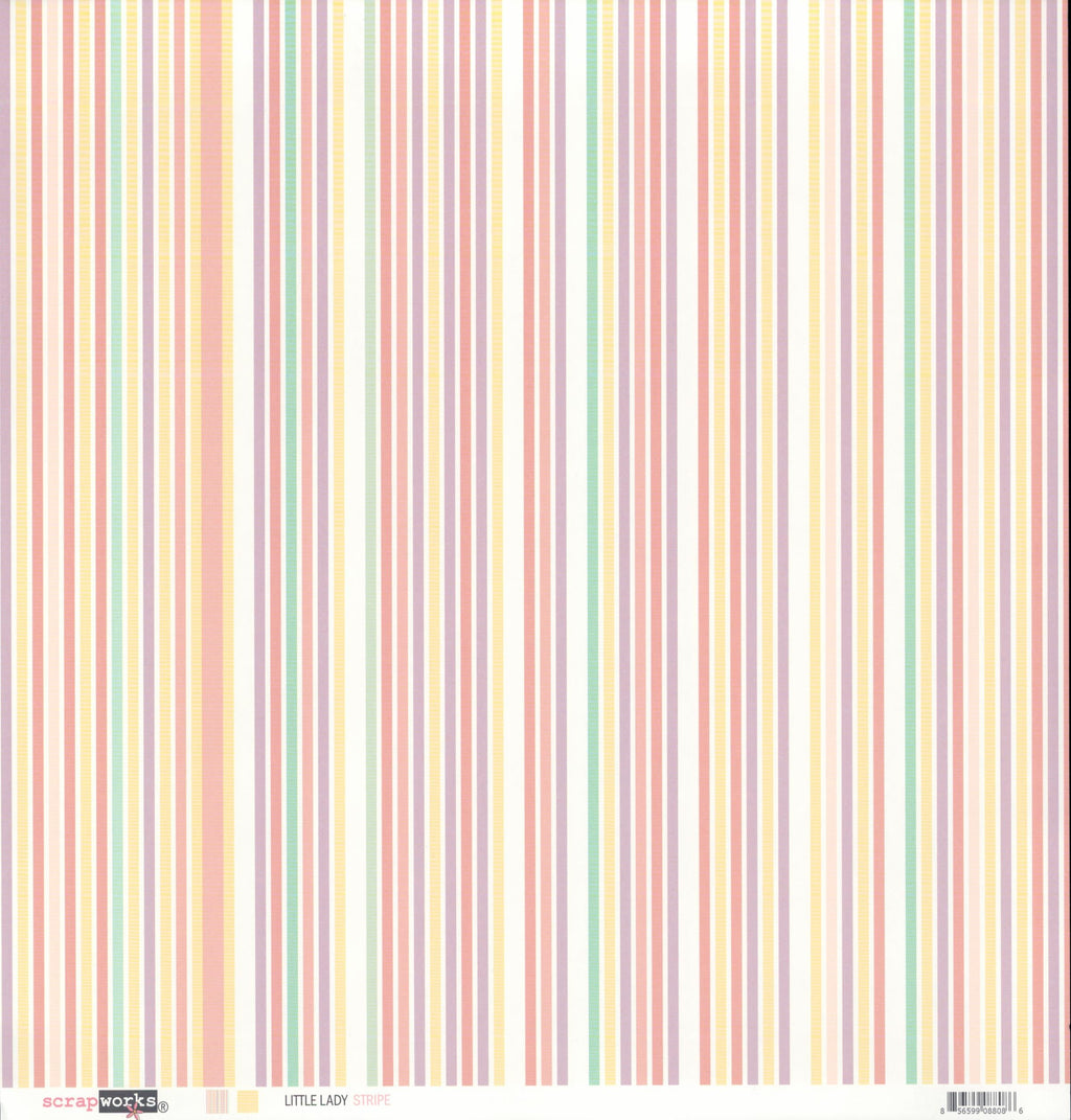 Scrapworks Little Lady Stripe 12x12 scrapbook paper front - multi-color fine vertical stripe in soft pastel pink coral lavender mauve mint green golden yellow cream and white varying widths