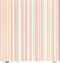 Scrapworks Little Lady Stripe 12x12 scrapbook paper front - multi-color fine vertical stripe in soft pastel pink coral lavender mauve mint green golden yellow cream and white varying widths