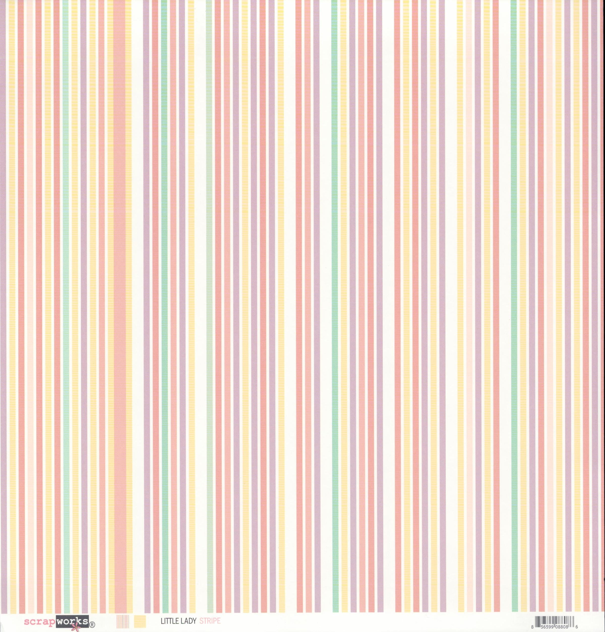Scrapworks Little Lady Stripe 12x12 scrapbook paper front - multi-color fine vertical stripe in soft pastel pink coral lavender mauve mint green golden yellow cream and white varying widths