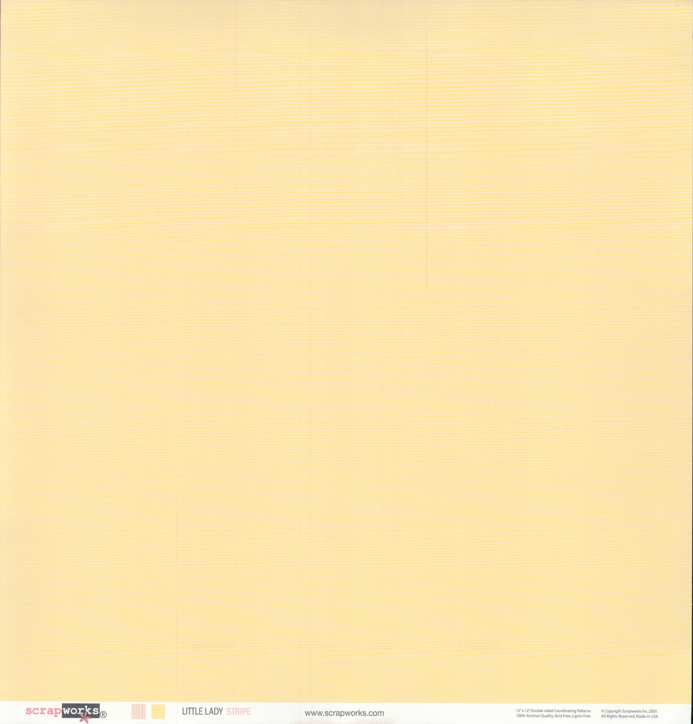 Scrapworks Little Lady Stripe 12x12 scrapbook paper reverse - smooth solid soft butter pale yellow, Scrapworks LLC 2003 archival quality acid free lignin free Made in USA