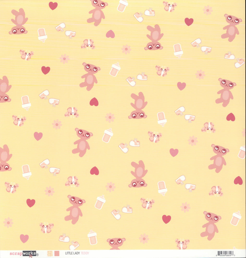 Scrapworks Little Lady Teddy 12x12 scrapbook paper front - warm golden yellow butter background with allover illustrated pink mauve teddy bears red hearts soft pink flowers and baby bottles