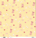 Scrapworks Little Lady Teddy 12x12 scrapbook paper front - warm golden yellow butter background with allover illustrated pink mauve teddy bears red hearts soft pink flowers and baby bottles