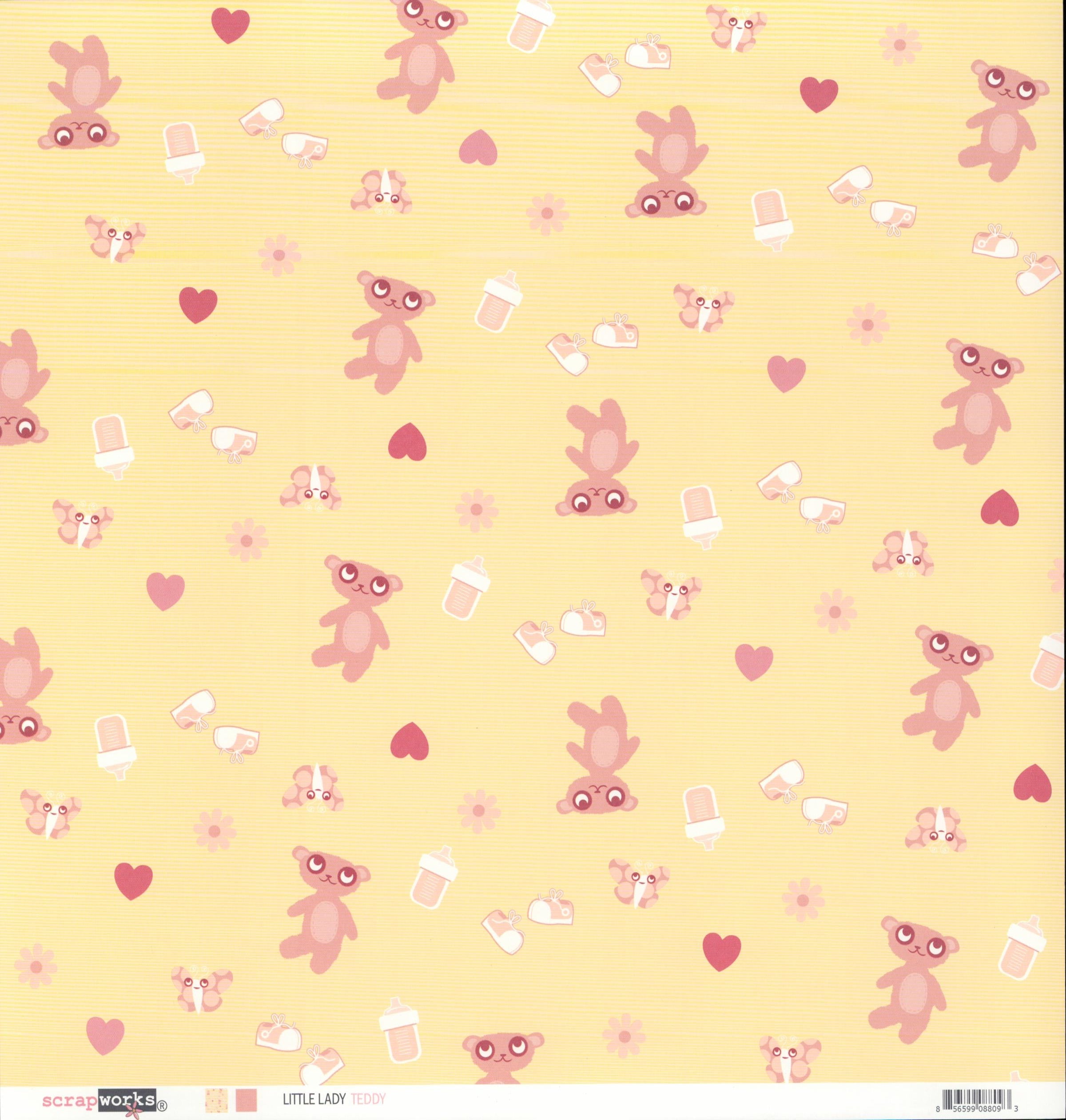 Scrapworks Little Lady Teddy 12x12 scrapbook paper front - warm golden yellow butter background with allover illustrated pink mauve teddy bears red hearts soft pink flowers and baby bottles