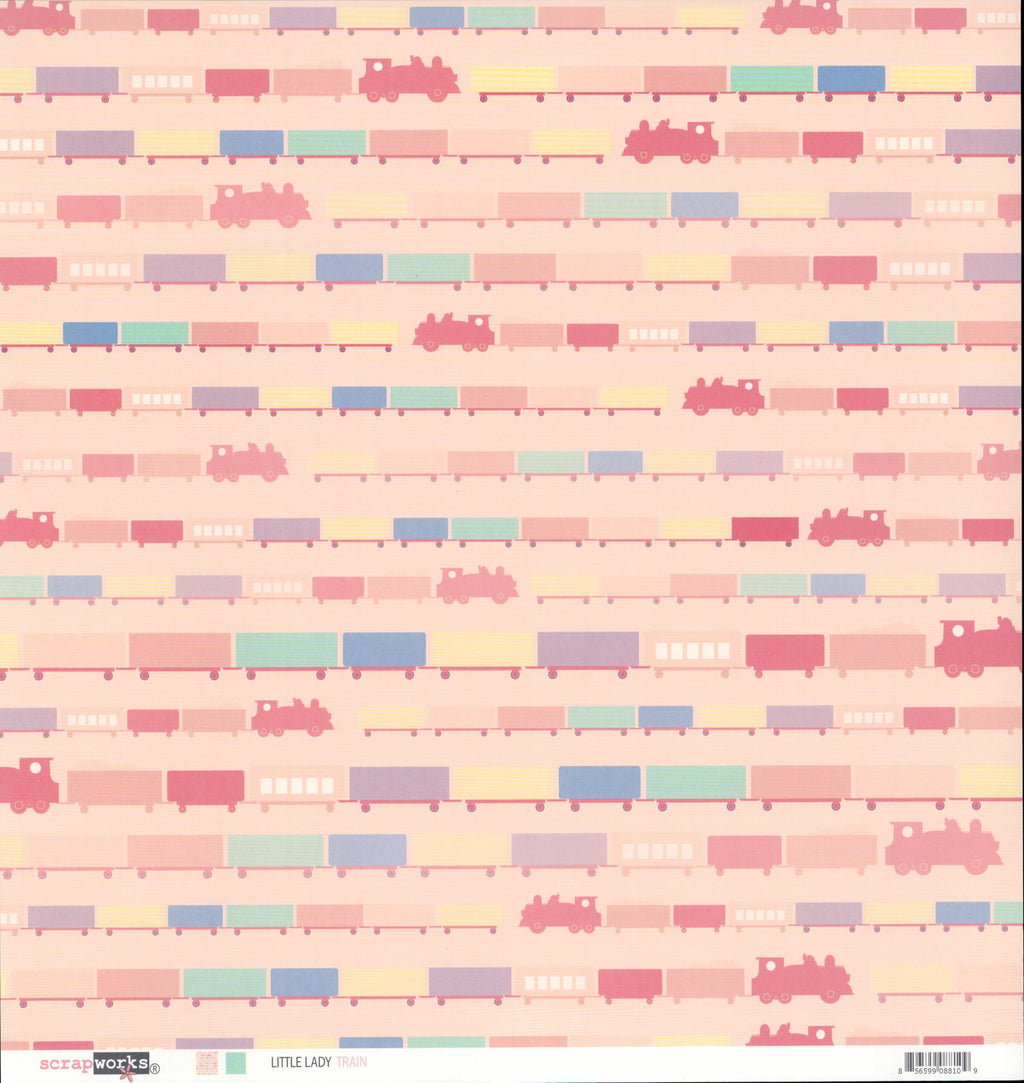 Scrapworks Little Lady Train 12x12 scrapbook paper front - soft blush peach-pink background with horizontal rows of pastel rainbow train cars in red pink lavender blue mint yellow and pink pig silhouettes