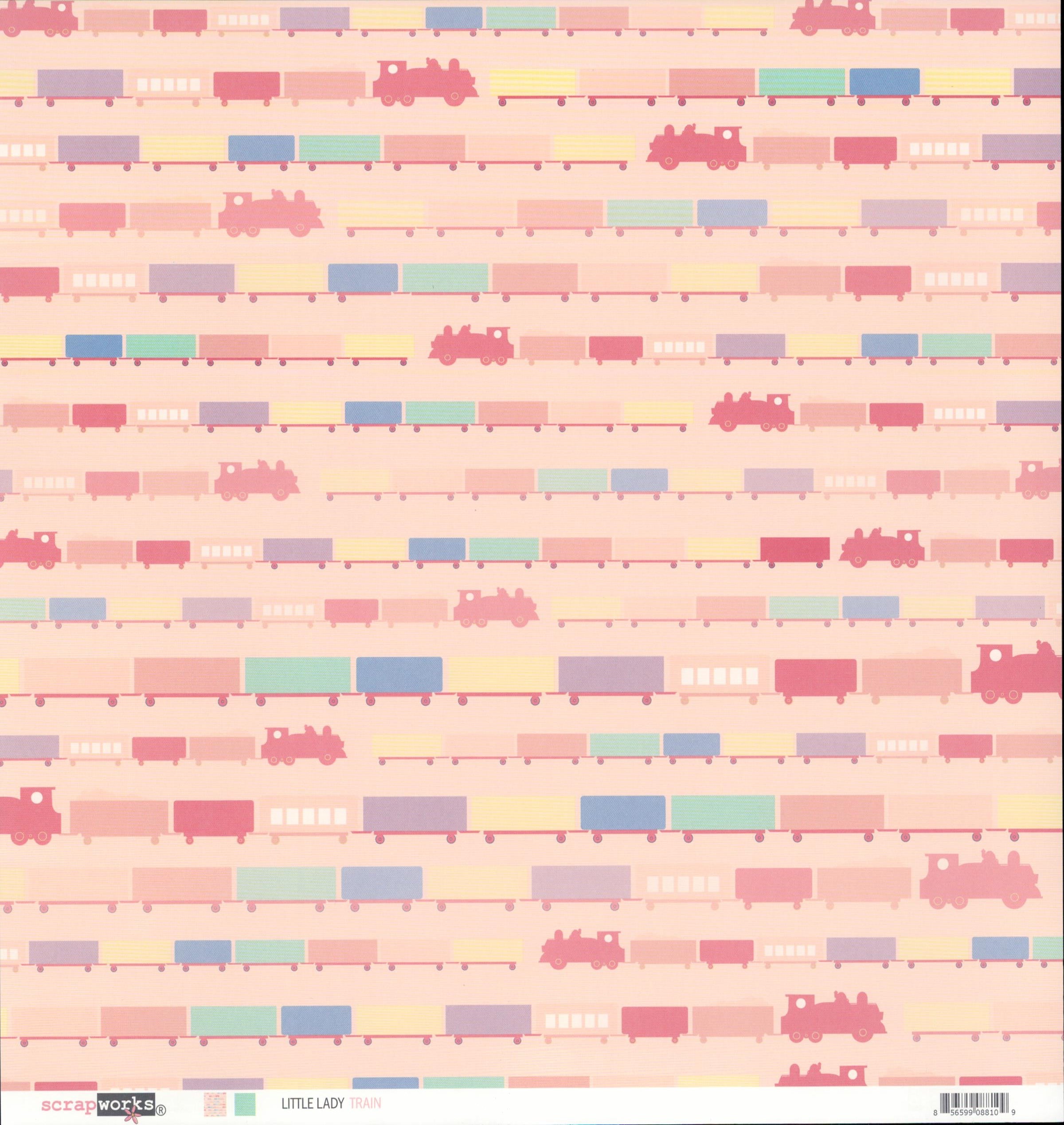 Scrapworks Little Lady Train 12x12 scrapbook paper front - soft blush peach-pink background with horizontal rows of pastel rainbow train cars in red pink lavender blue mint yellow and pink pig silhouettes