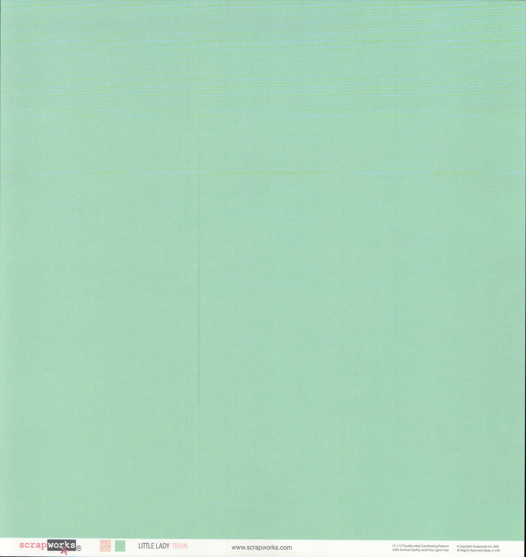 Scrapworks Little Lady Train 12x12 scrapbook paper reverse - smooth solid soft mint seafoam green, Scrapworks LLC 2003 archival quality acid free lignin free Made in USA