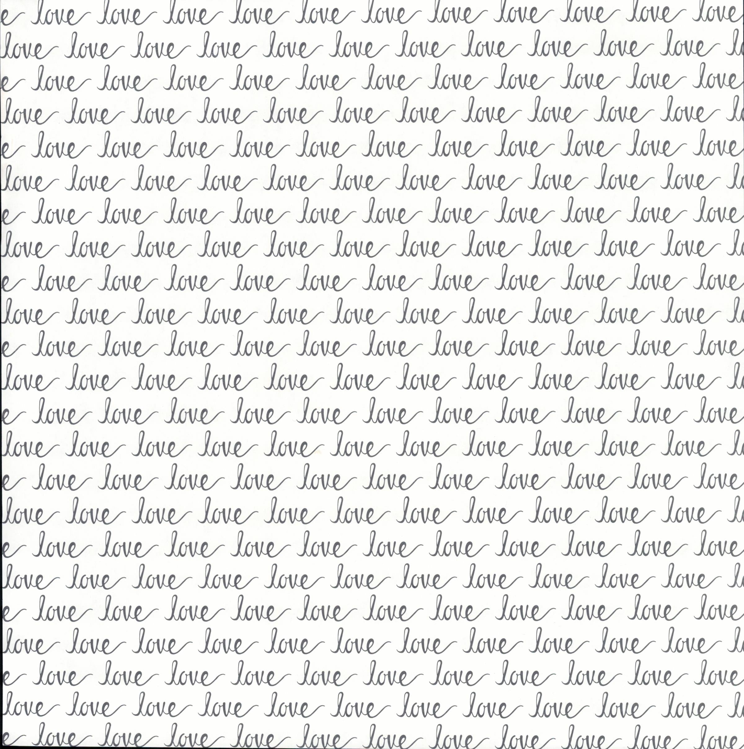 The Paper Studio Love Word Black White 12x12 scrapbook paper - cursive love script repeated in rows on crisp white background in charcoal dark gray