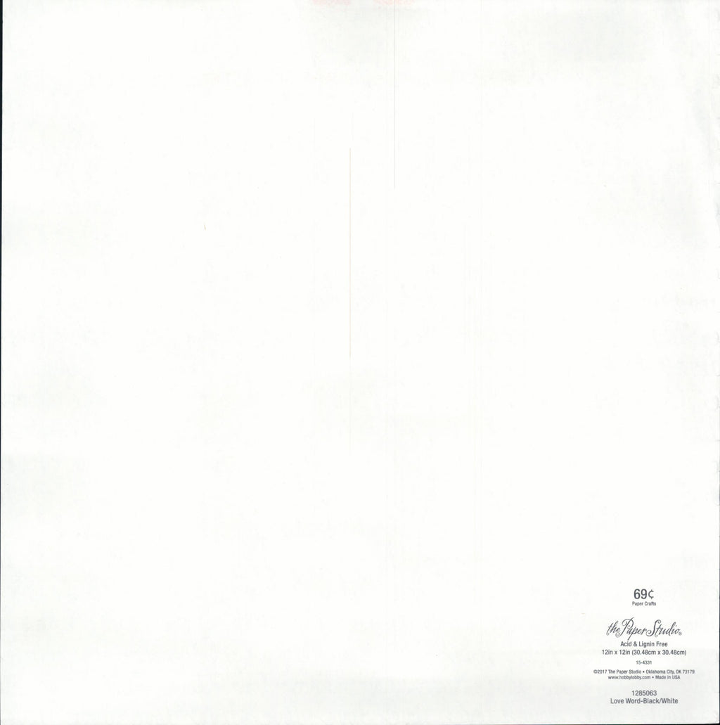 The Paper Studio Love Word Black White 12x12 scrapbook paper - reverse side, acid and lignin free, item 15-4331, Made in USA