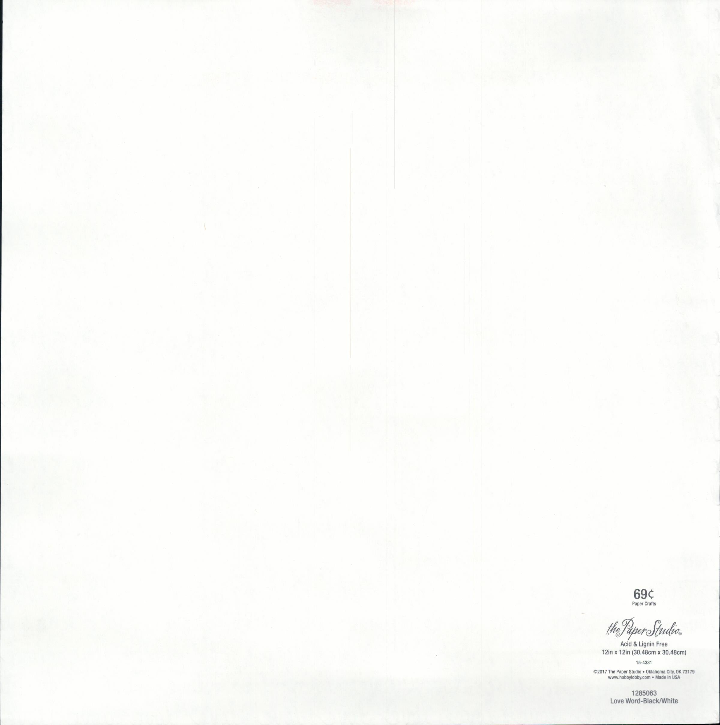 The Paper Studio Love Word Black White 12x12 scrapbook paper - reverse side, acid and lignin free, item 15-4331, Made in USA