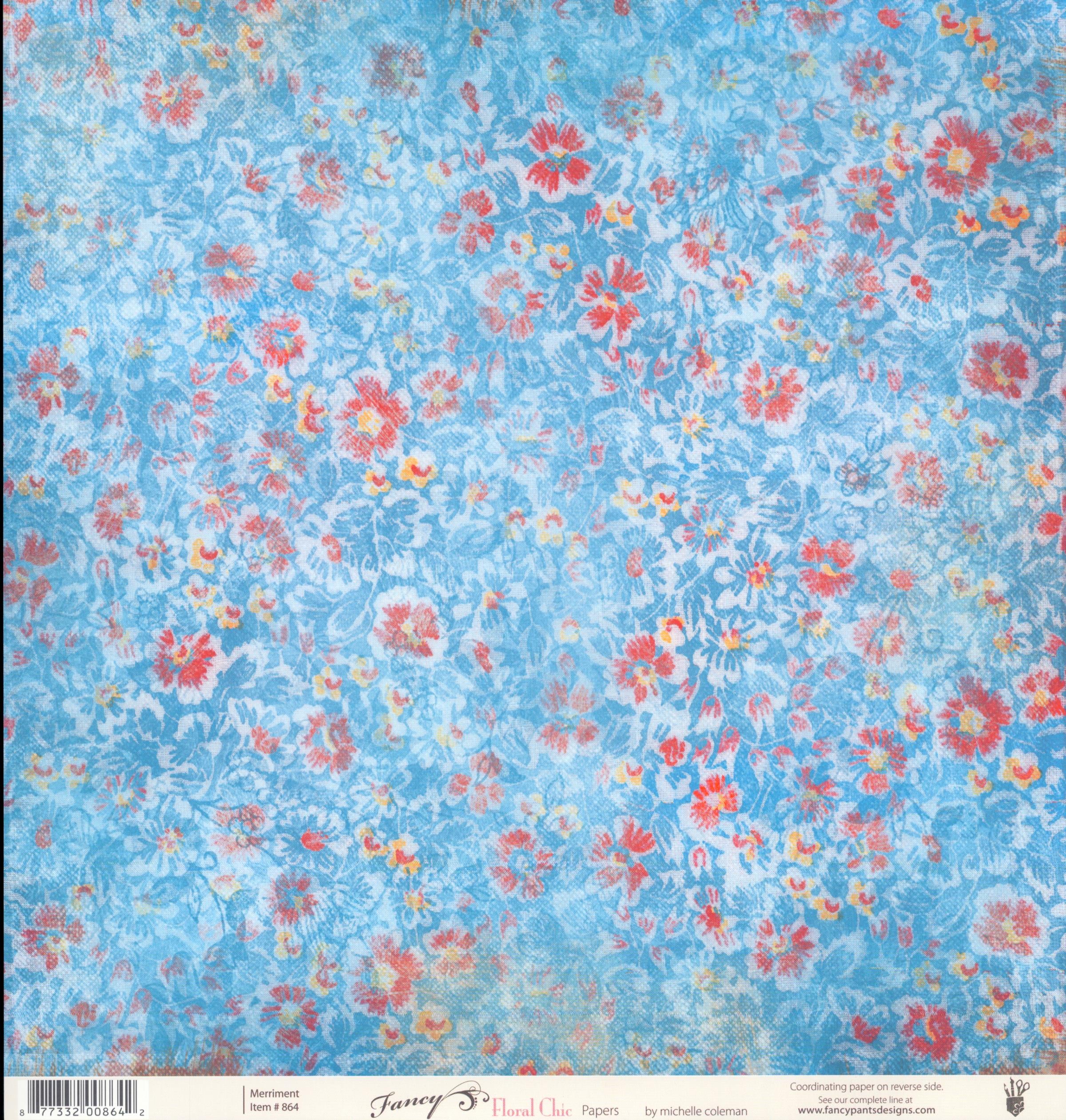 Fancy Pants Designs Merriment 12x12 scrapbook paper front - sky blue background with dense vintage floral chintz print in red coral pink yellow flowers with blue white tone-on-tone floral shadows