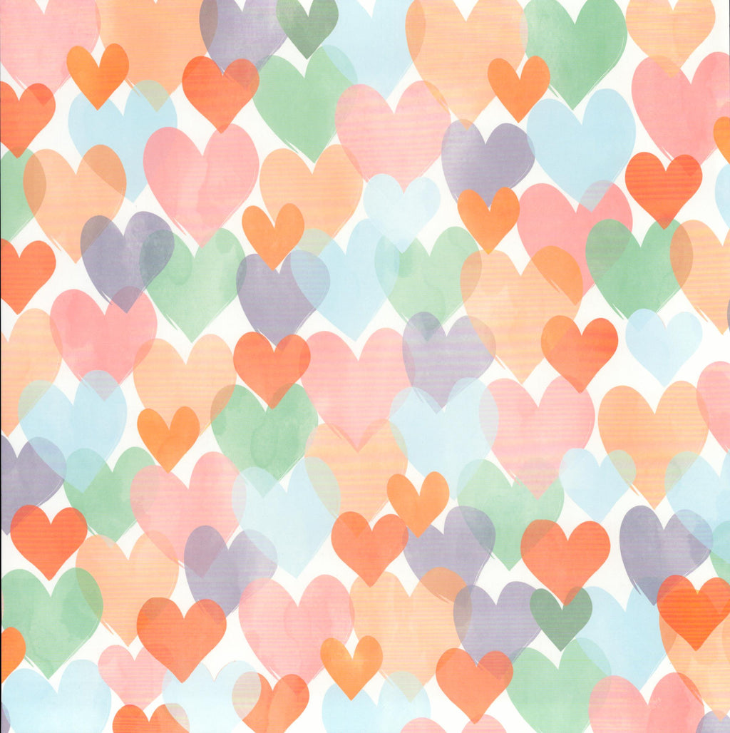 The Paper Studio Multi-Colored Hearts 12x12 scrapbook paper - overlapping watercolor hearts in peach, pink, lavender, mint green, blue, and orange on white background