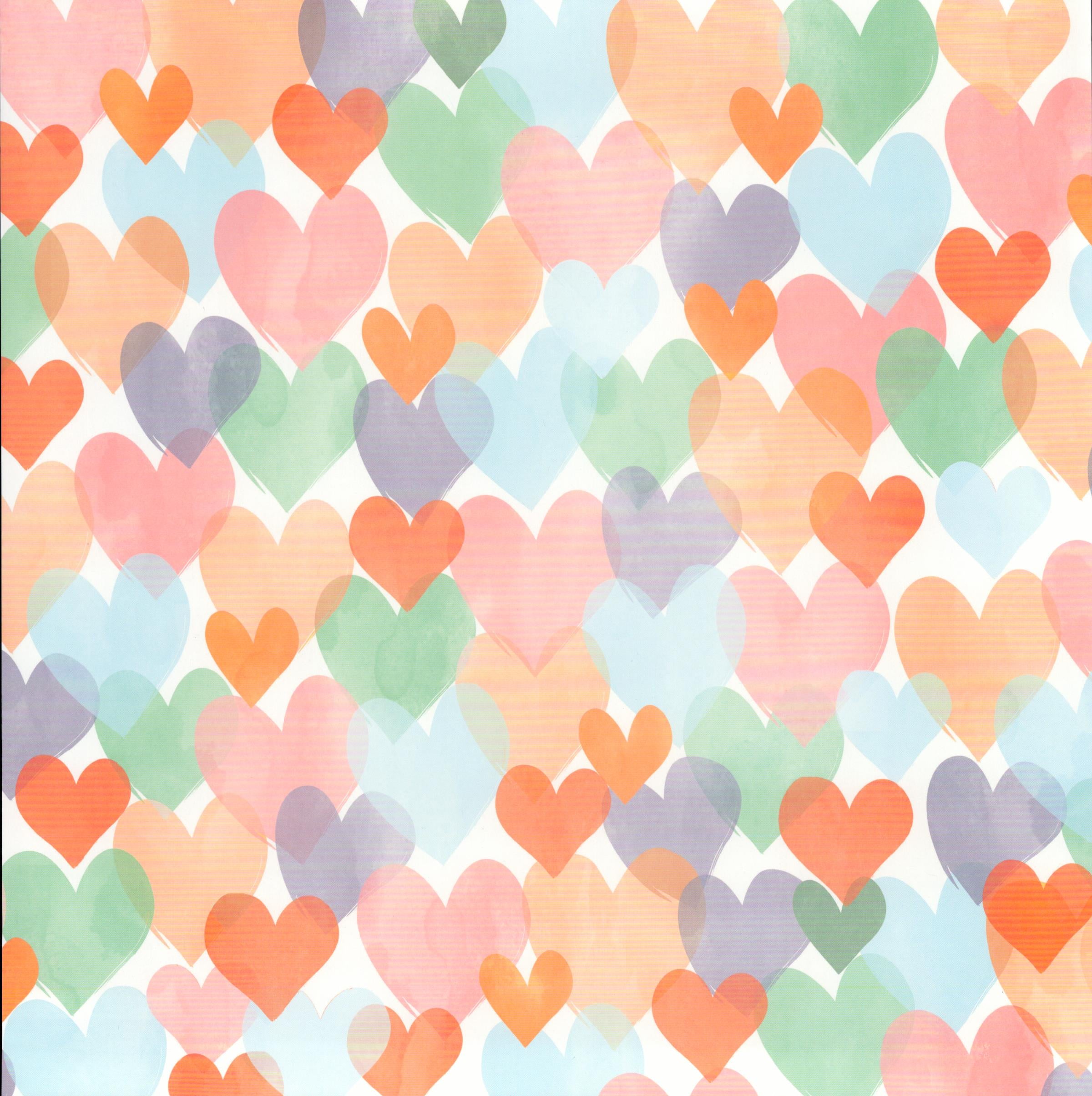 The Paper Studio Multi-Colored Hearts 12x12 scrapbook paper - overlapping watercolor hearts in peach, pink, lavender, mint green, blue, and orange on white background