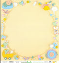 EK Success Our Baby 12x12 scrapbook paper - soft golden yellow butter background with pastel die-cut style baby motif border including sleeping baby pram bunny pacifier bottle rattle hearts stars and open oval center frame
