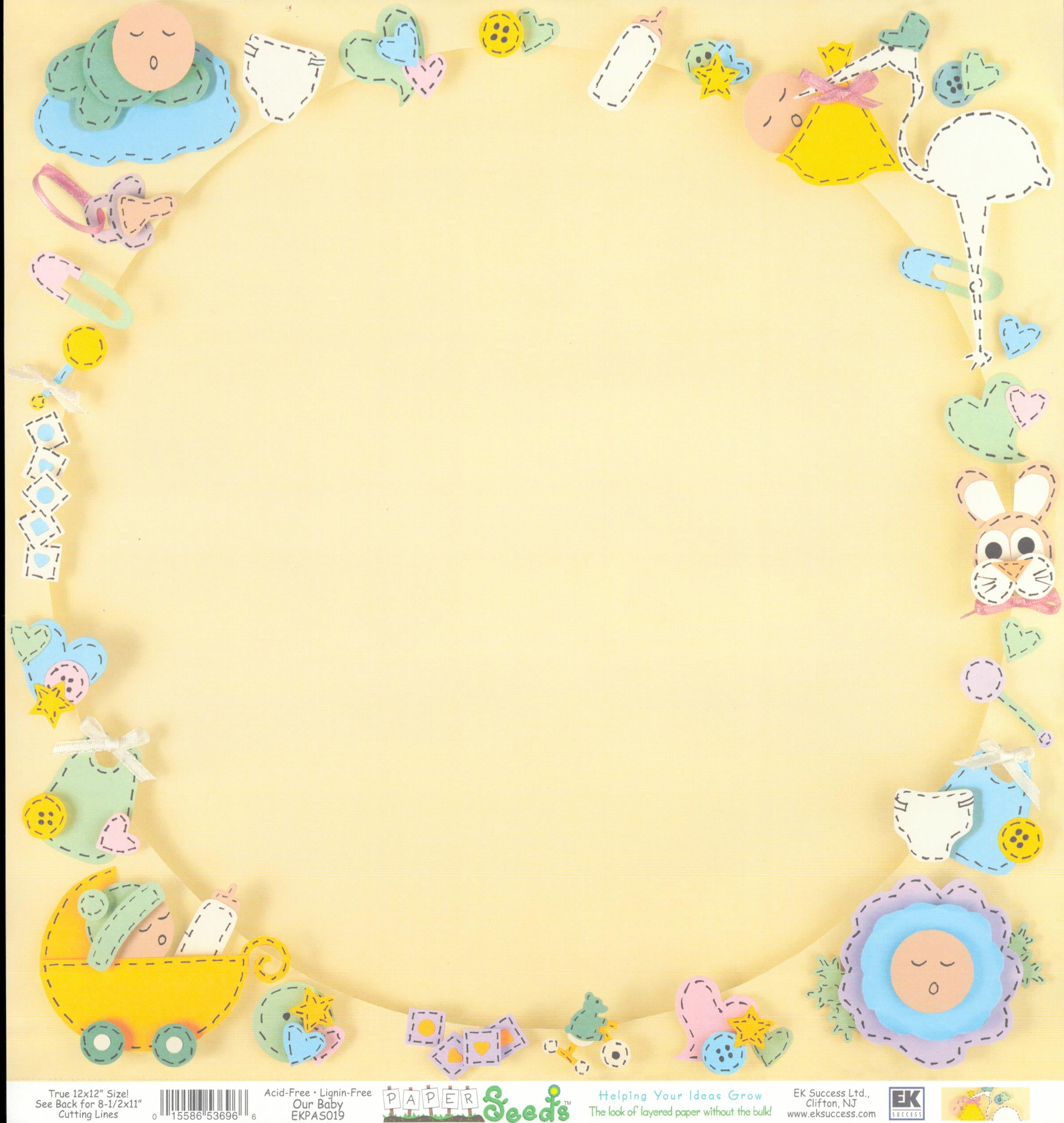 EK Success Our Baby 12x12 scrapbook paper - soft golden yellow butter background with pastel die-cut style baby motif border including sleeping baby pram bunny pacifier bottle rattle hearts stars and open oval center frame
