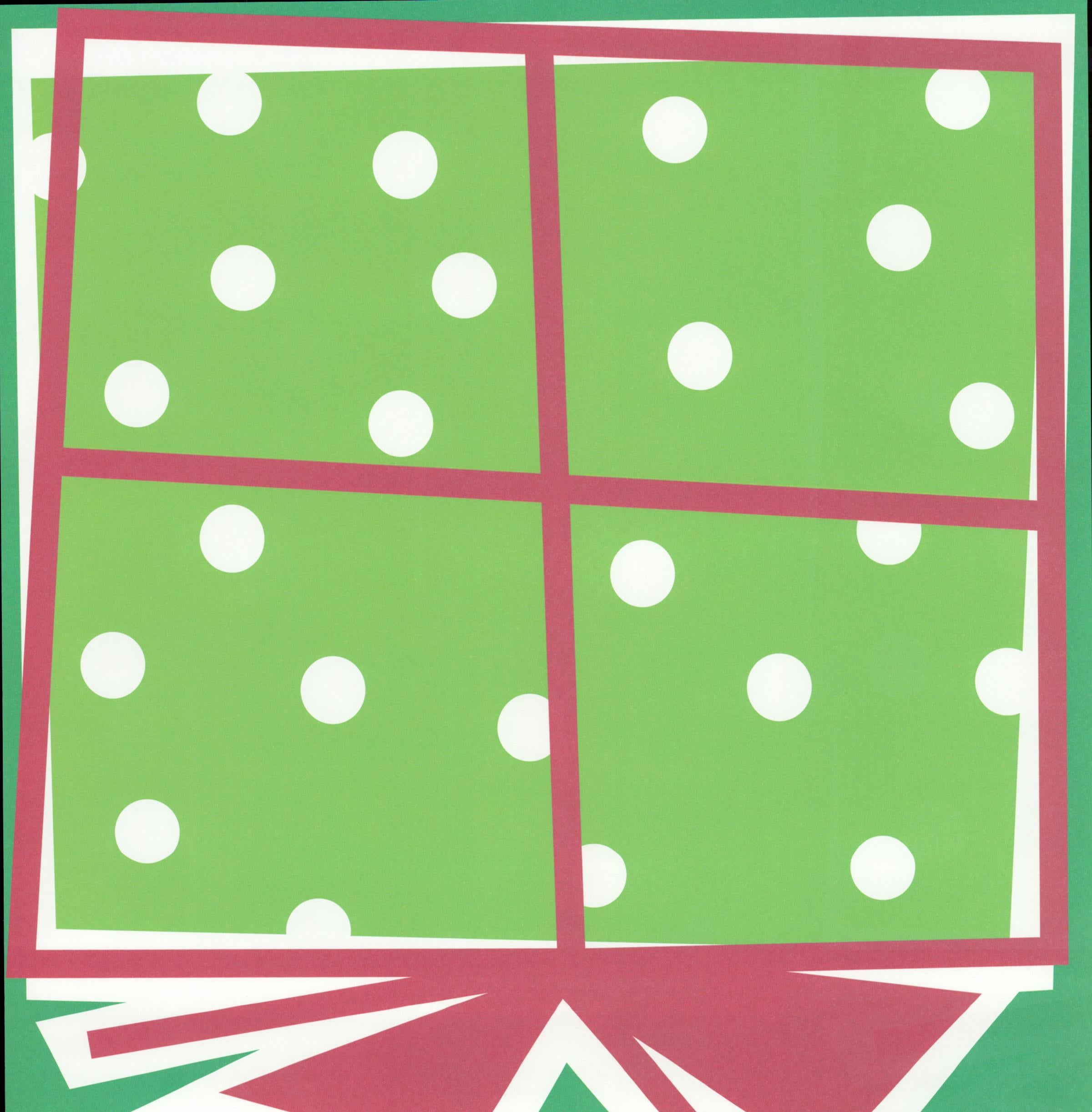 Karen Foster Design Polka-Dot Presents 12x12 scrapbook paper - bright lime green background with bold gift box design featuring crimson pink ribbon borders, white polka-dot green panels, and starburst bow