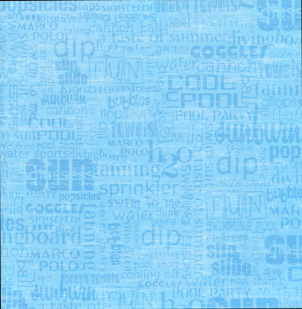 The Paper Studio Pool Words 12x12 scrapbook paper - sky blue tone-on-tone word collage with pool swim dip cool fun goggles sunburn sprinkler h2o Marco Polo cannon ball pool party popsicles