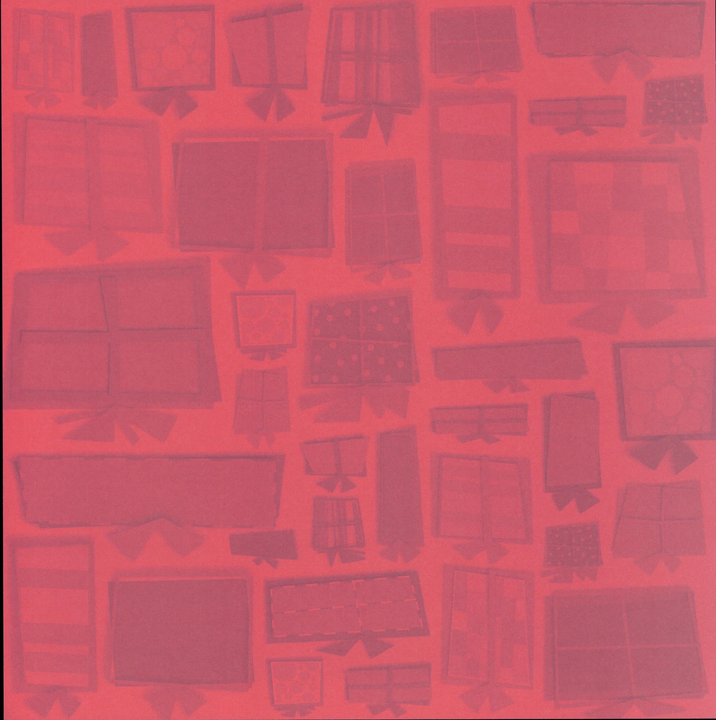 Karen Foster Design Red Presents 12x12 scrapbook paper - tone-on-tone red with scattered gift box and present shapes in deeper crimson