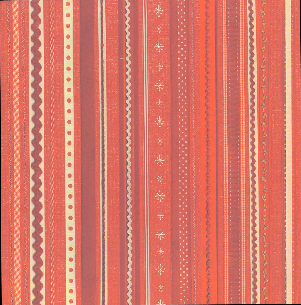Flair Designs Red Ribbon Stripe 12x12 scrapbook paper - multi-stripe design in red, burgundy, cream, and gold with ric-rac, polka dots, snowflakes, and vine accents
