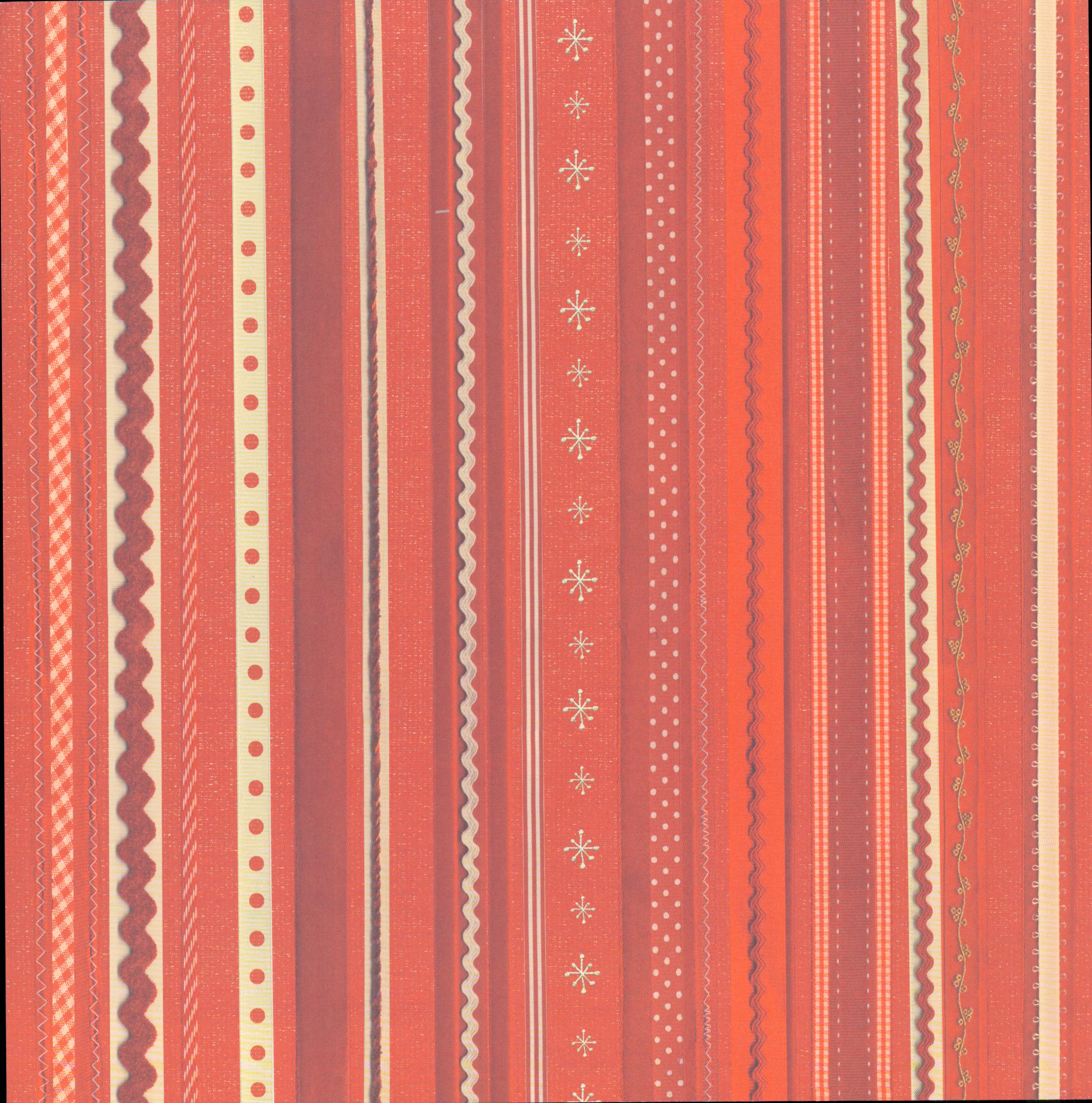 Flair Designs Red Ribbon Stripe 12x12 scrapbook paper - multi-stripe design in red, burgundy, cream, and gold with ric-rac, polka dots, snowflakes, and vine accents
