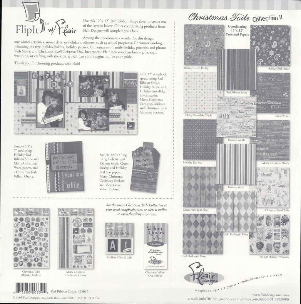 Flair Designs Red Ribbon Stripe 12x12 scrapbook paper - reverse side showing Christmas Toile Collection II coordinating products, item BS0151, Made in USA