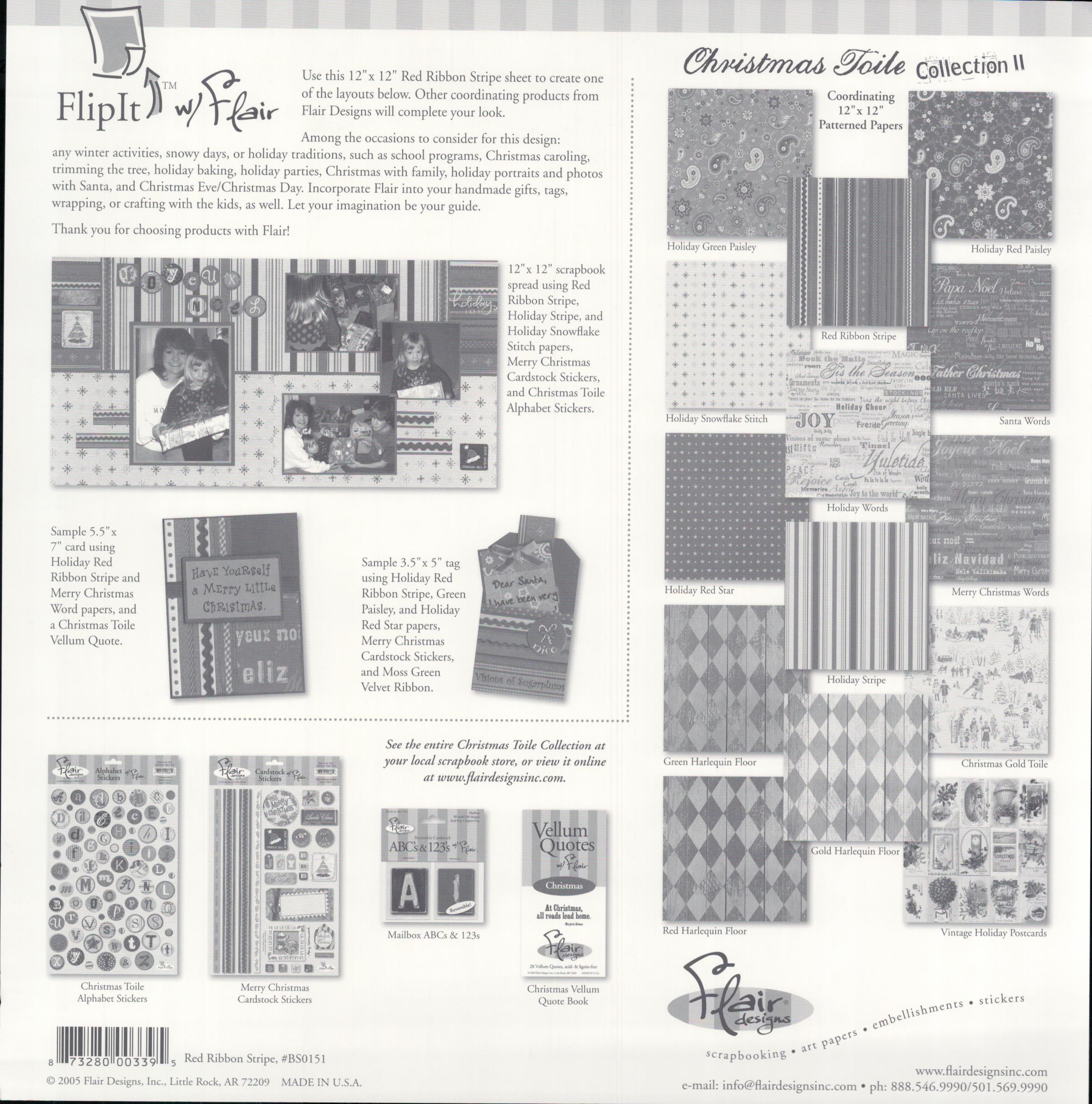 Flair Designs Red Ribbon Stripe 12x12 scrapbook paper - reverse side showing Christmas Toile Collection II coordinating products, item BS0151, Made in USA