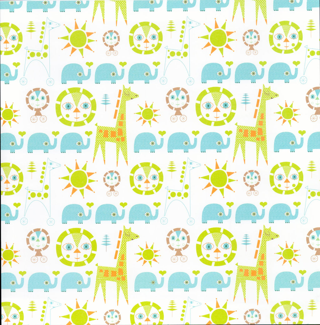 Doodlebug Design Counting Critters Safari Animals 12x12 scrapbook paper - front side large-scale safari scene with lions, giraffes, elephants, suns, and trees in lime green, teal, orange, and taupe on white