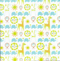 Doodlebug Design Counting Critters Safari Animals 12x12 scrapbook paper - front side large-scale safari scene with lions, giraffes, elephants, suns, and trees in lime green, teal, orange, and taupe on white
