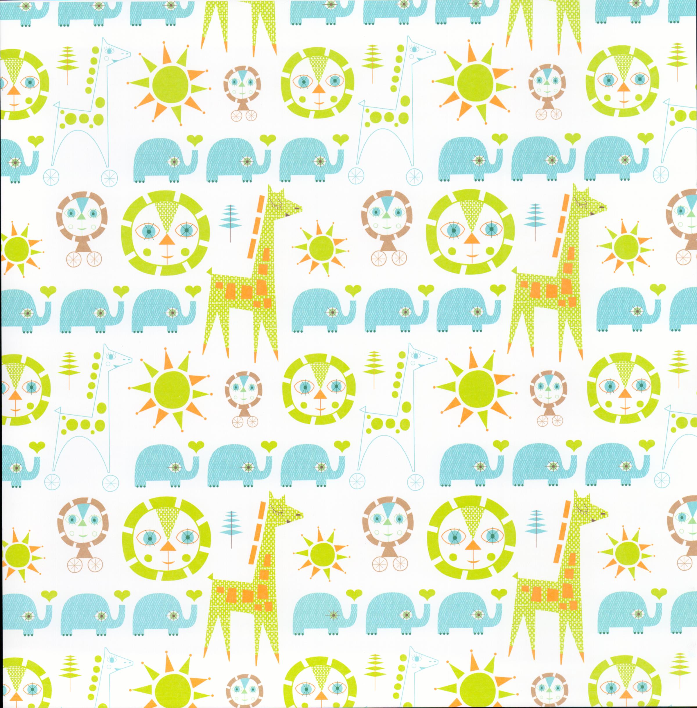 Doodlebug Design Counting Critters Safari Animals 12x12 scrapbook paper - front side large-scale safari scene with lions, giraffes, elephants, suns, and trees in lime green, teal, orange, and taupe on white