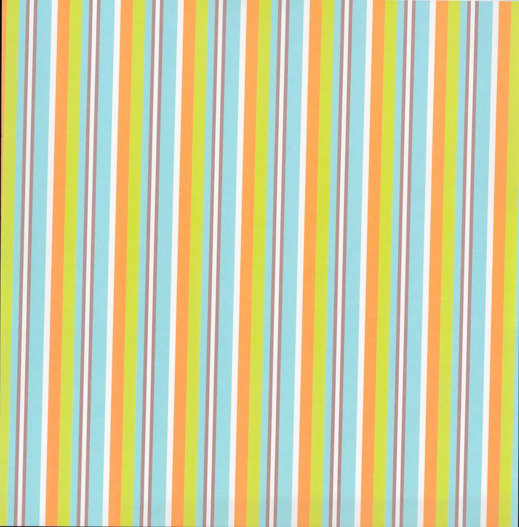Doodlebug Design Counting Critters Safari Animals 12x12 scrapbook paper - reverse side bold vertical stripes in teal, lime green, orange, white, and mauve taupe