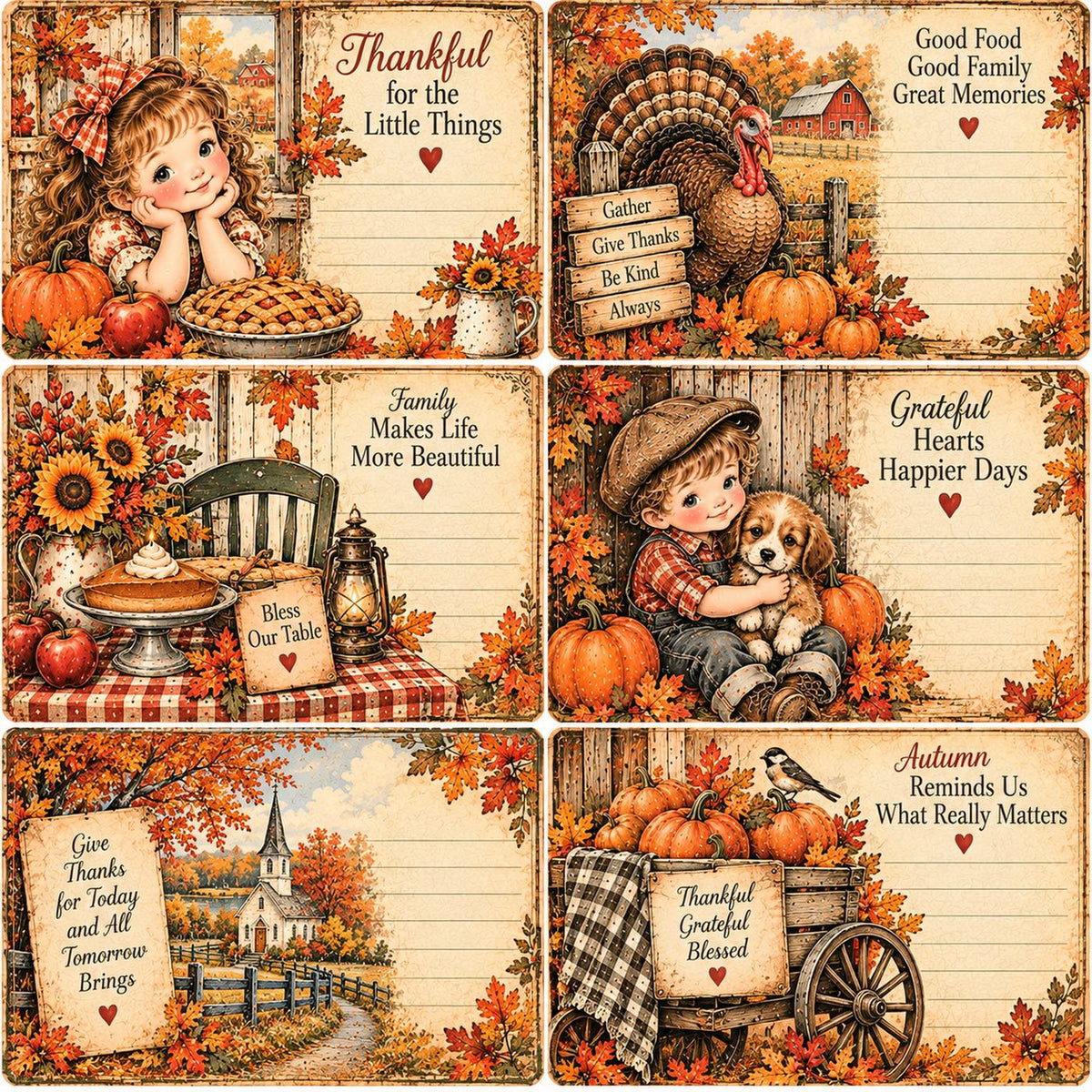 Little Autumn Blessings – Thankful Harvest Journaling Cards – 12×12 Printed Cut-Apart Sheet; low-resolution product preview. Copyright (c) 2026 Scrappy Seconds, LLC.