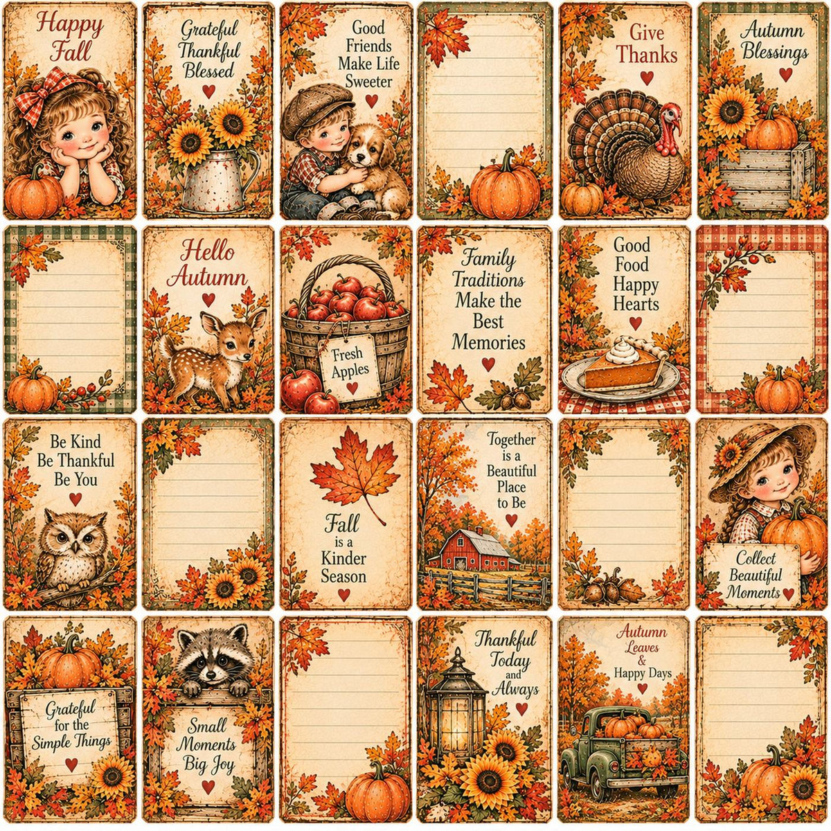 Little Autumn Blessings – Autumn Sentiment and Journaling Cards – 12×12 Printed Cut-Apart Sheet; low-resolution product preview. Copyright (c) 2026 Scrappy Seconds, LLC.