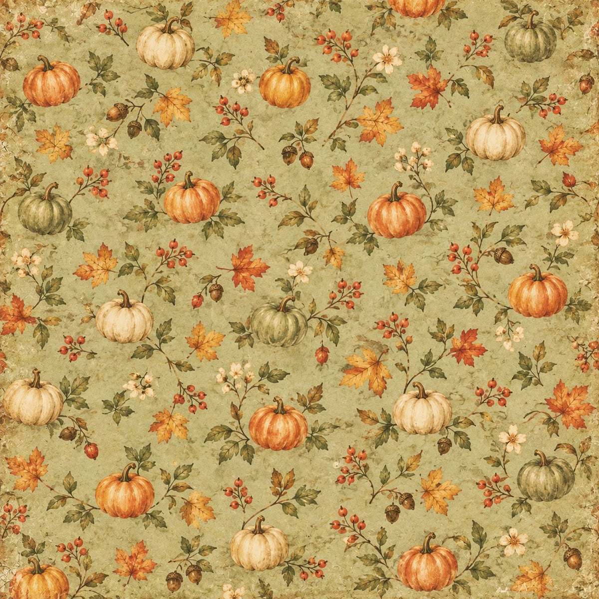 Little Autumn Blessings – Sage Pumpkin Harvest – 12×12 Printed Paper; low-resolution product preview. Copyright (c) 2026 Scrappy Seconds, LLC.