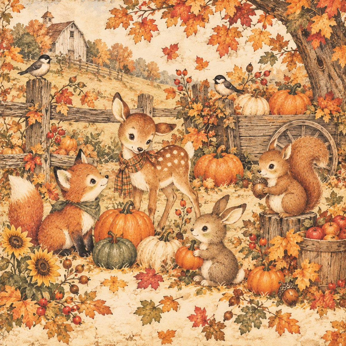 Little Autumn Blessings – Woodland Harvest Friends – 12×12 Printed Paper; low-resolution product preview. Copyright (c) 2026 Scrappy Seconds, LLC.