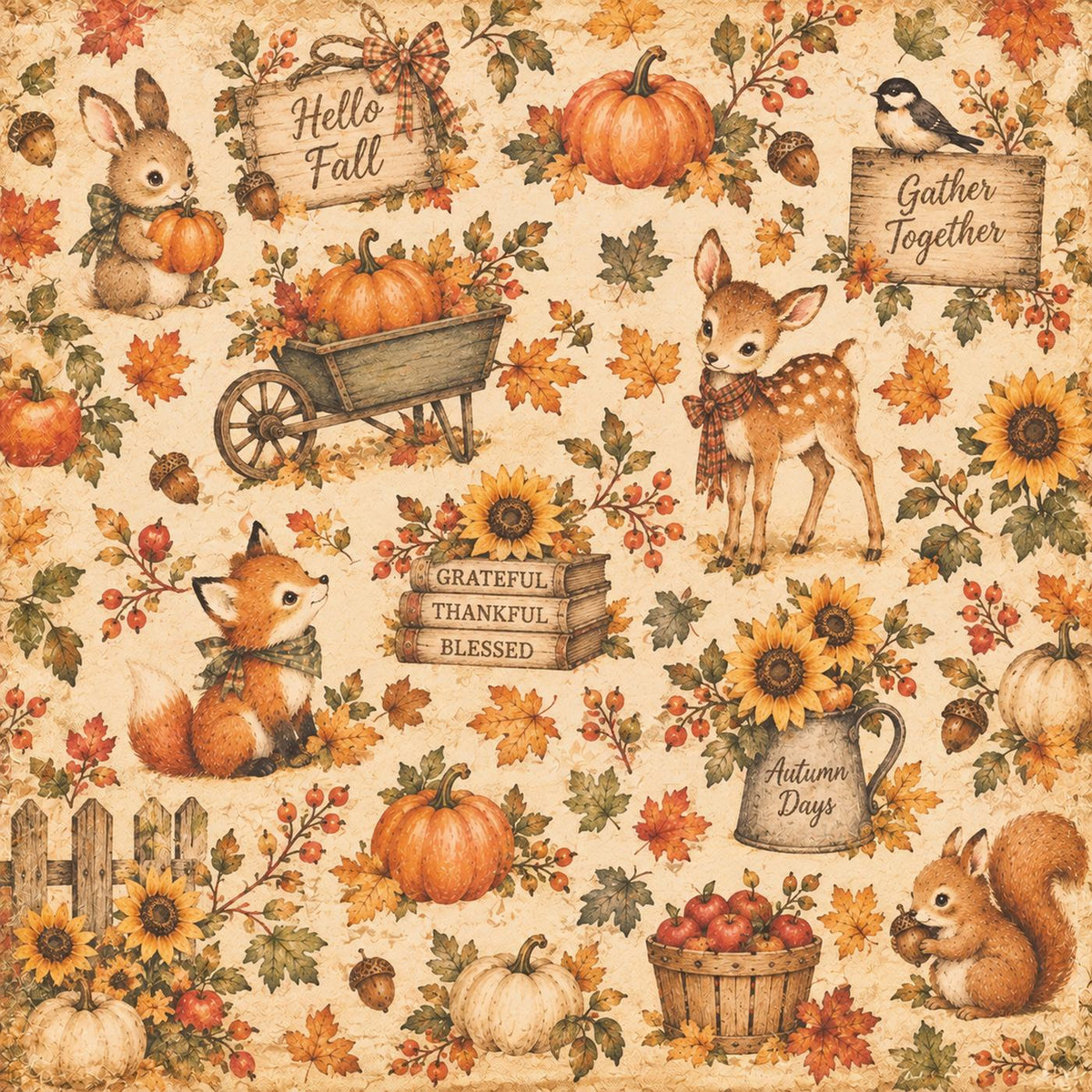 Little Autumn Blessings – Whimsical Autumn Harvest – 12×12 Printed Paper; low-resolution product preview. Copyright (c) 2026 Scrappy Seconds, LLC.