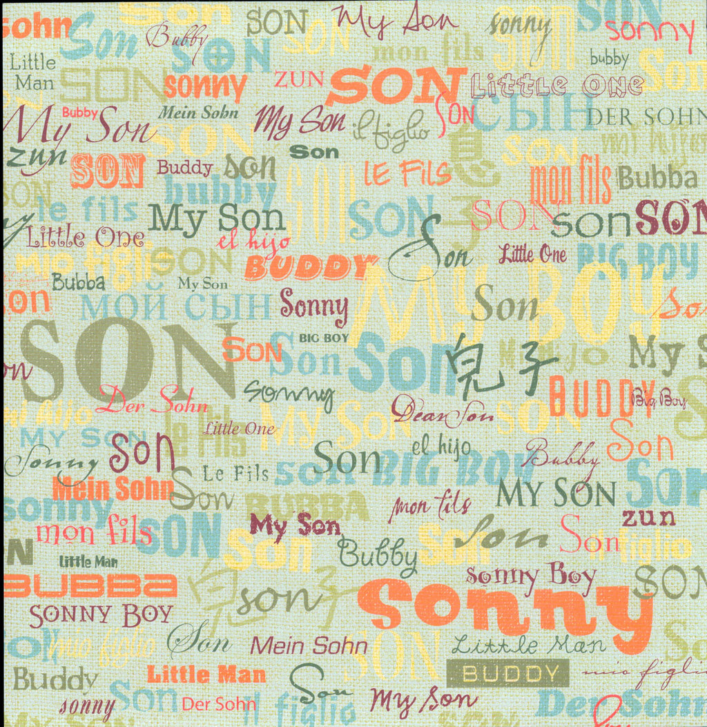 Flair Designs Son Words 12x12 scrapbook paper - multi-language multi-font son word collage in orange teal blue red olive yellow brown on soft sage mint green linen texture background