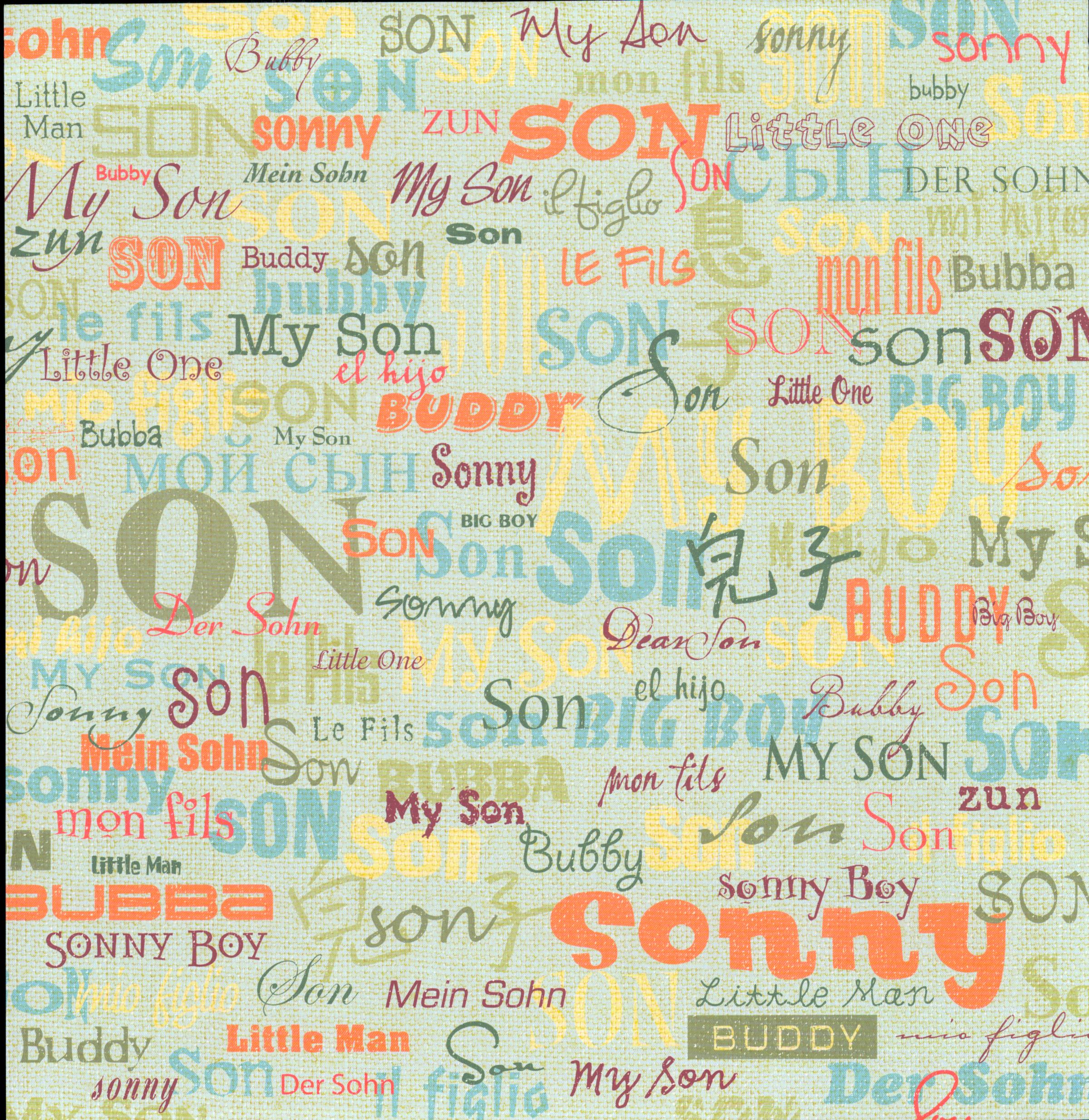 Flair Designs Son Words 12x12 scrapbook paper - multi-language multi-font son word collage in orange teal blue red olive yellow brown on soft sage mint green linen texture background