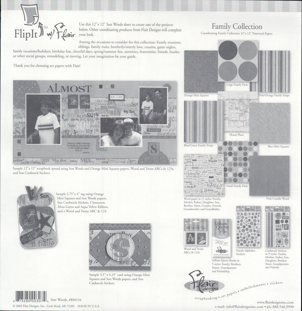 Flair Designs Son Words 12x12 scrapbook paper - reverse side Family Collection coordinating papers guide, item BS0134, Flair Designs Little Rock AR Made in USA 2005