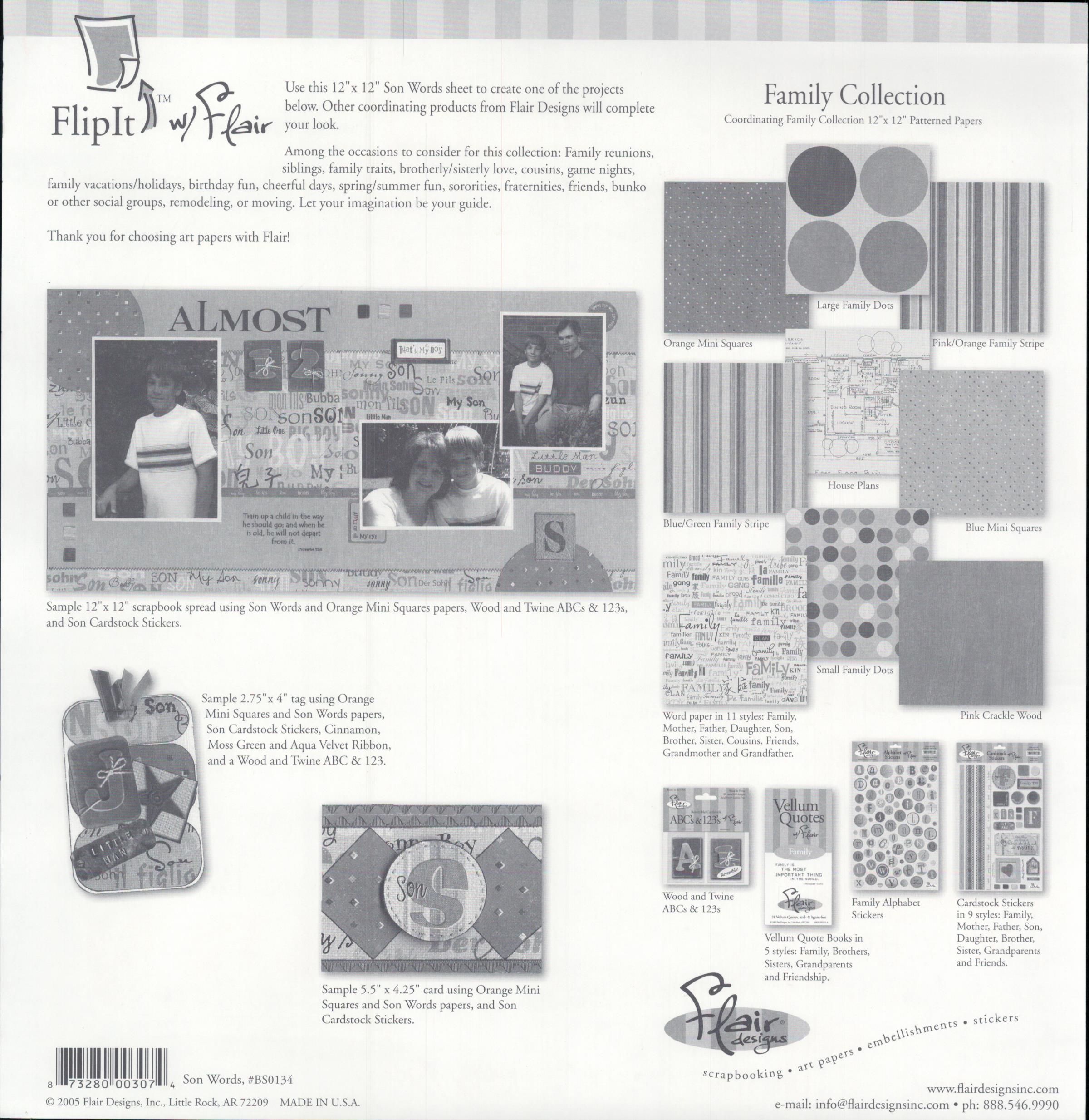 Flair Designs Son Words 12x12 scrapbook paper - reverse side Family Collection coordinating papers guide, item BS0134, Flair Designs Little Rock AR Made in USA 2005