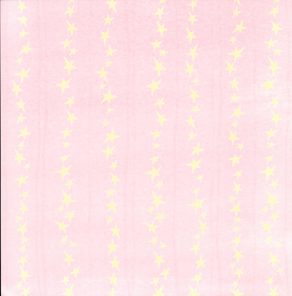 Crafts Etc Stars On Parade Girl 12x12 scrapbook paper - soft baby pink background with vertical columns of glowing pale butter yellow four-pointed stars and subtle vertical stripe texture