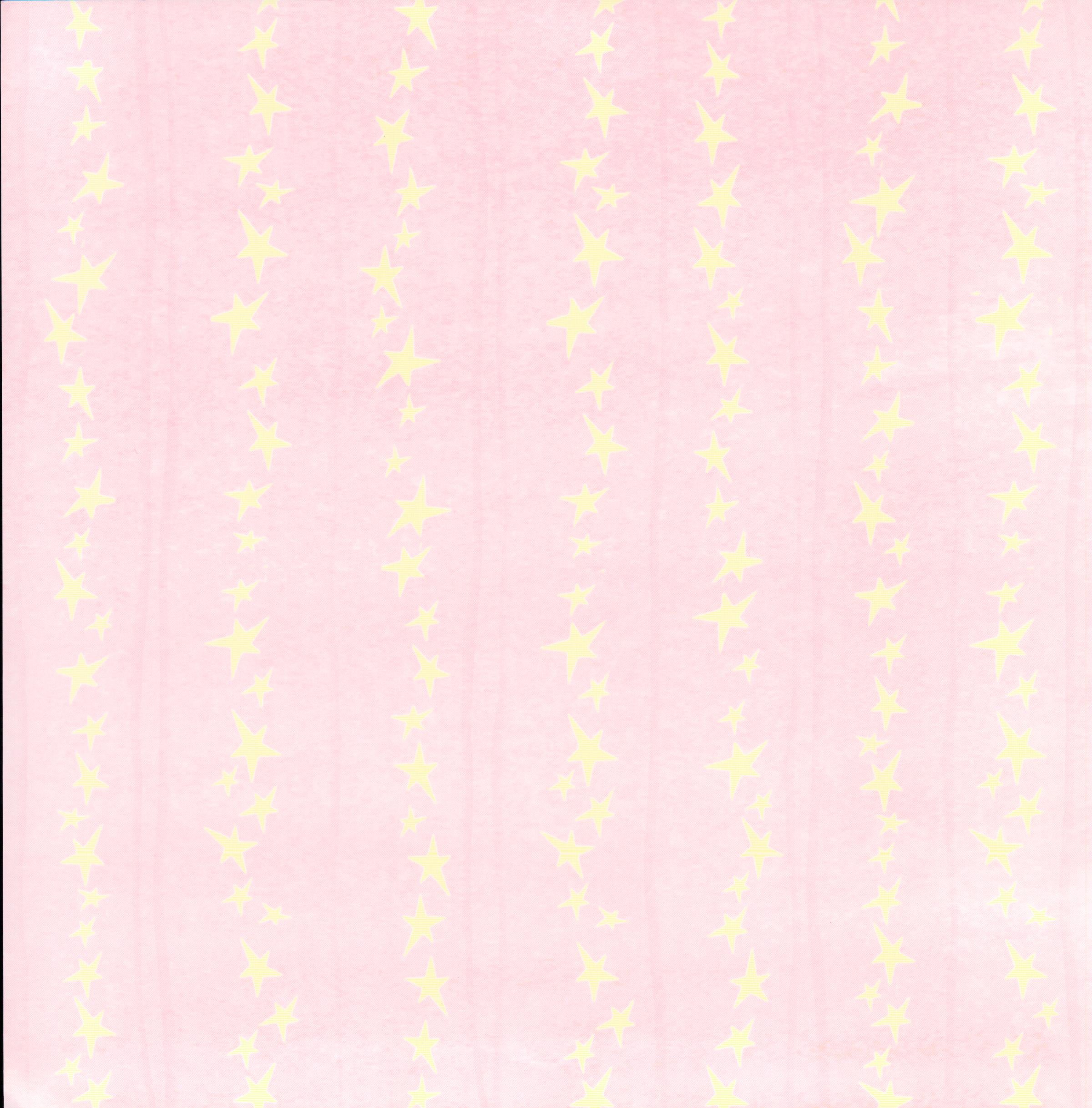 Crafts Etc Stars On Parade Girl 12x12 scrapbook paper - soft baby pink background with vertical columns of glowing pale butter yellow four-pointed stars and subtle vertical stripe texture