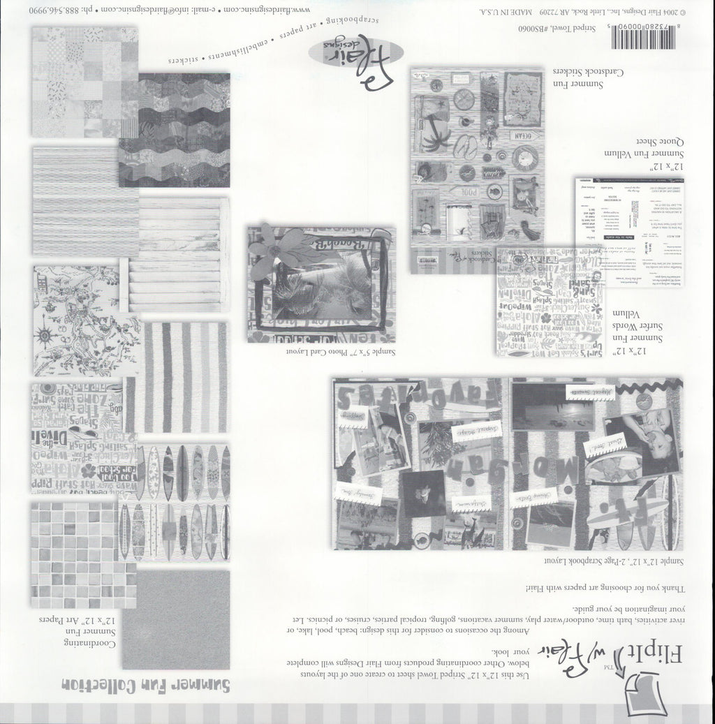 Flair Designs Striped Towel 12x12 scrapbook paper - reverse side Summer Fun Collection coordinating papers guide, item BS0060, Flair Designs Little Rock AR Made in USA 2004
